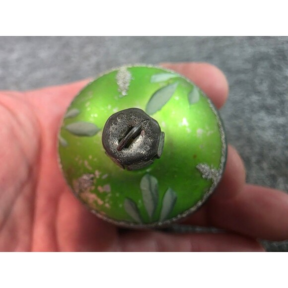 Vintage Green Glass Christmas Ball Ornament Hand Painted Floral 2 Inch - Picture 2 of 4
